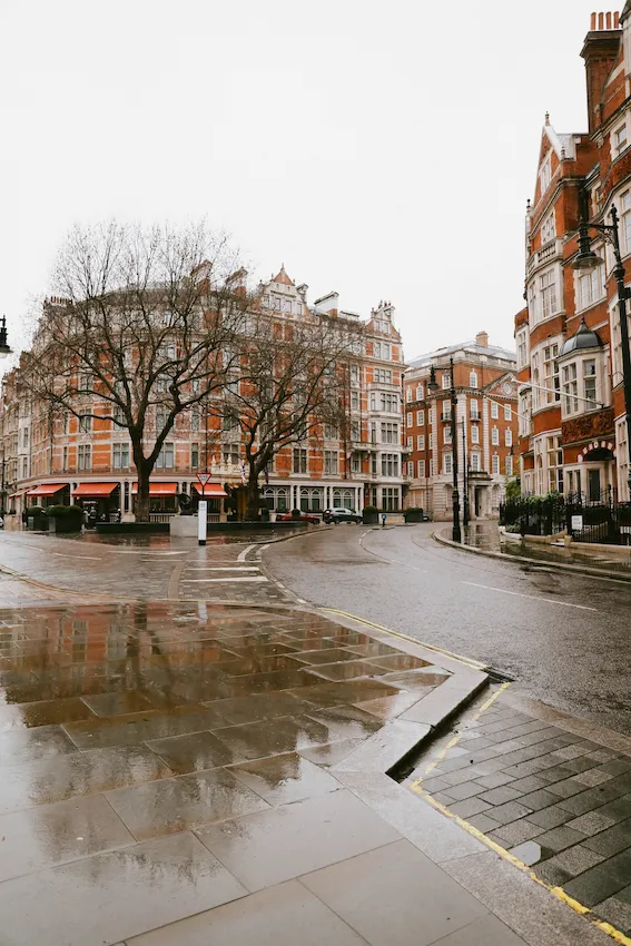 Roads and buildings view after heavy rain